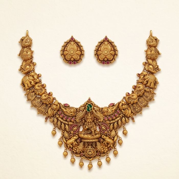 191 22K Gold Antique Necklace Set (35.990 gm) - Maharani Devi Temple Luxe Design - Image 1