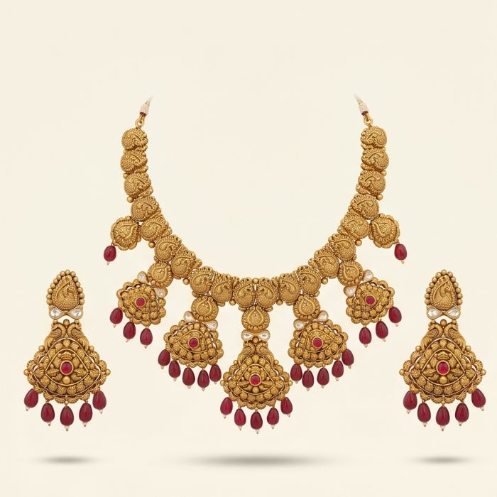 195 22K Gold Antique Necklace Set (67.840 gm) - Rajsi Ruby Heritage Grand Design - Image 1