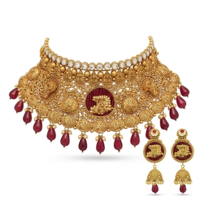 237 22K Gold Antique Temple Choker - Royal Heritage Necklace - Image 1