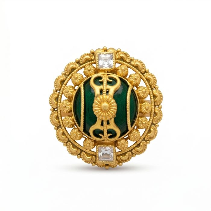 89 Women’s 22K Gold Ring - Royal Green Stone Antique Design with Detailed Work (7.220 gm Net) - Image 1