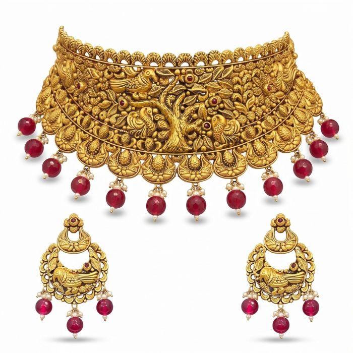 241 22K Gold Antique Peacock Choker - Regal Heritage Necklace - Image 1